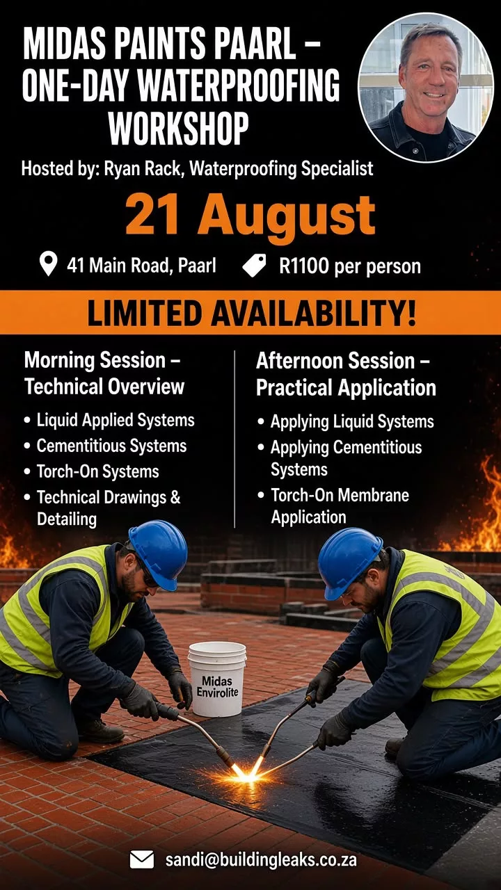 1 Day Waterproofing Workshop, Midas Paints Paarl hosted by Ryan Rack. 1 Day Waterproofing Workshop, Midas Paints Paarl hosted by Ryan Rack.